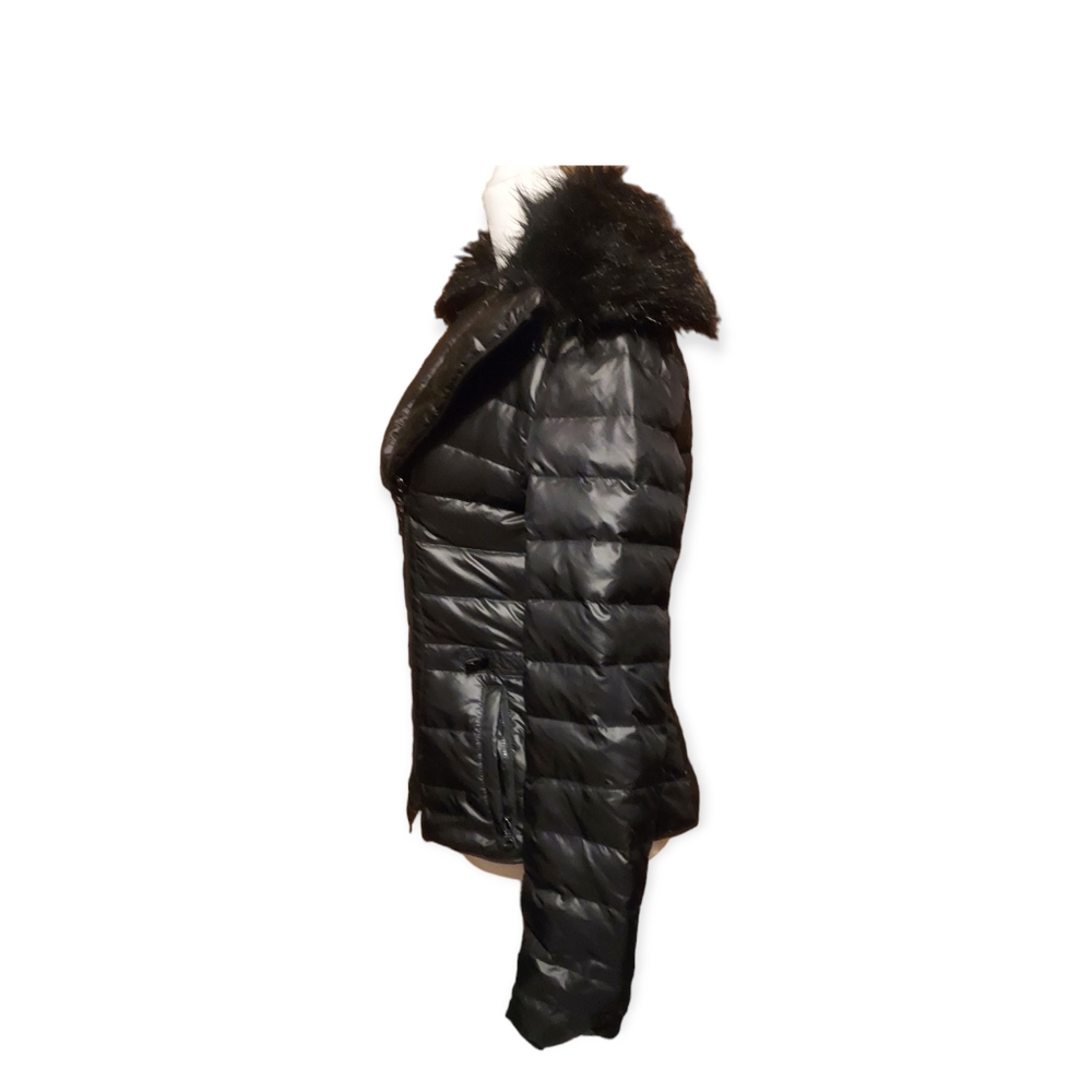 moda international Coat S Jacket Quilted Black Full Zip Moto Fur Collared - Picture 2 of 3